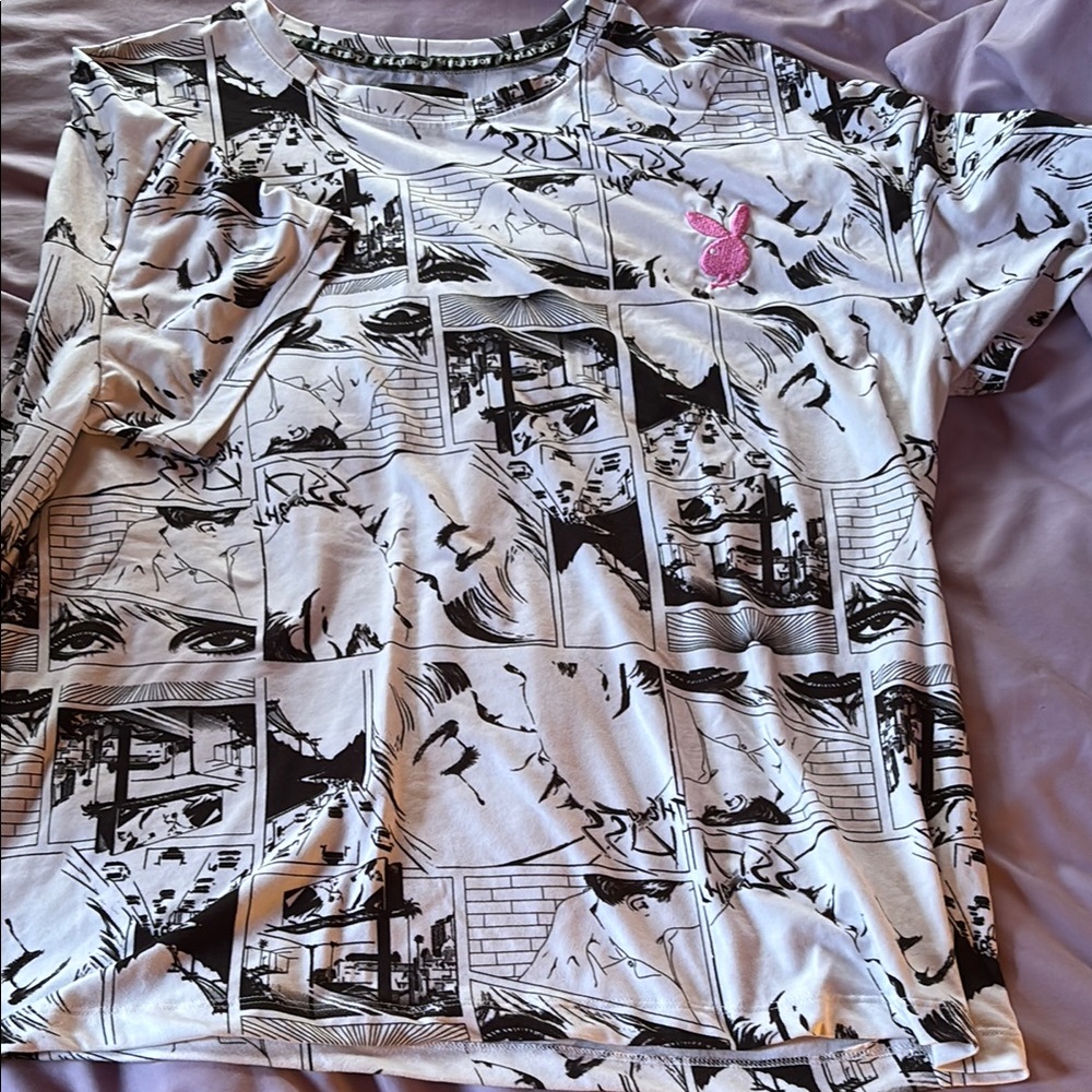PLAYBOY Black and White Graphic Tee with Pink Logo